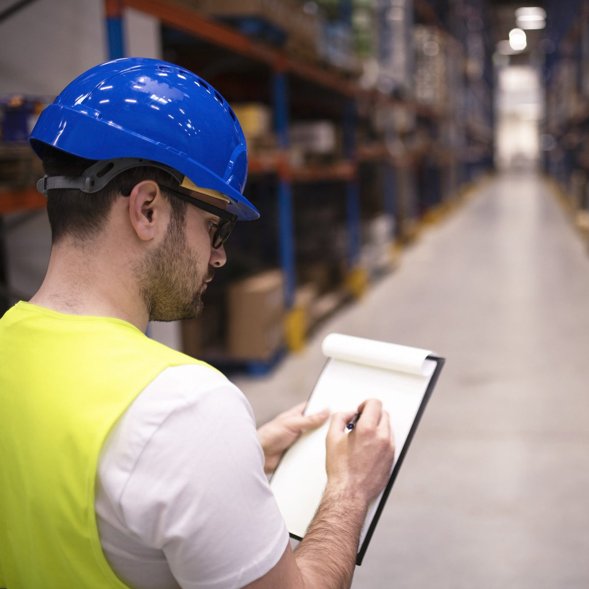 Un trabajador de almacén revisa una lista de inventario en su tabla